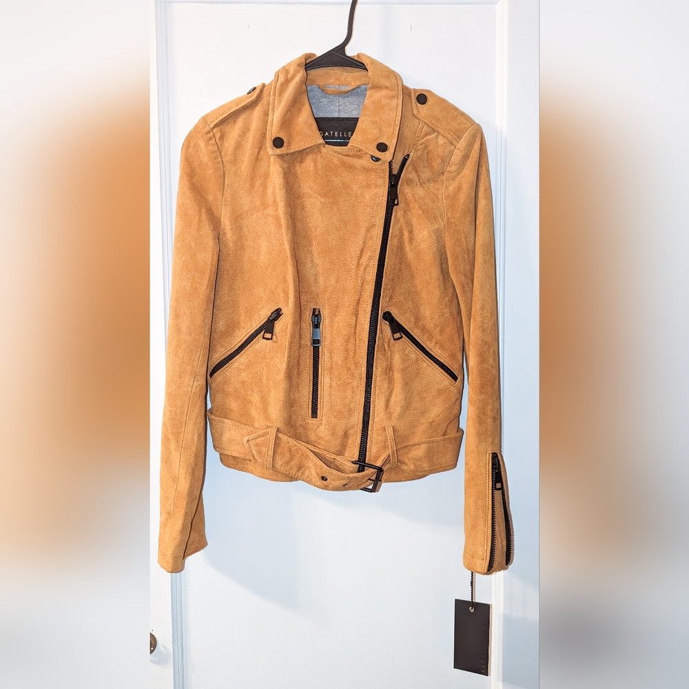 Bagatelle Women's Leather Suede Belted Biker Moto Jacket Size Small, Yellow Gold - Picture 3 of 9